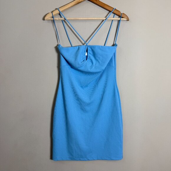Mango Crisscross Strap Bodycon Mini Dress Women's 2 Blue Going Out Ribbed NWOT - Picture 6 of 14